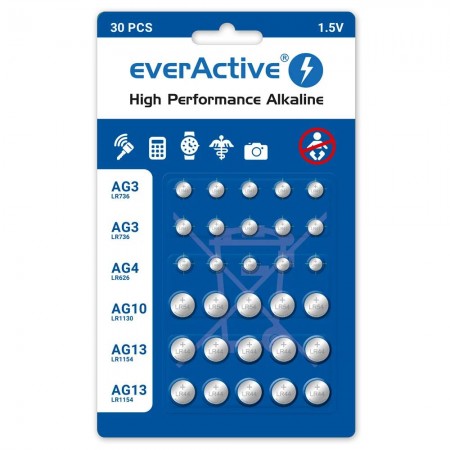 EverActive šarminių baterijų rinkinys AG3 x 10 AG4 x 5 AG10 x 5 AG13 x 10 